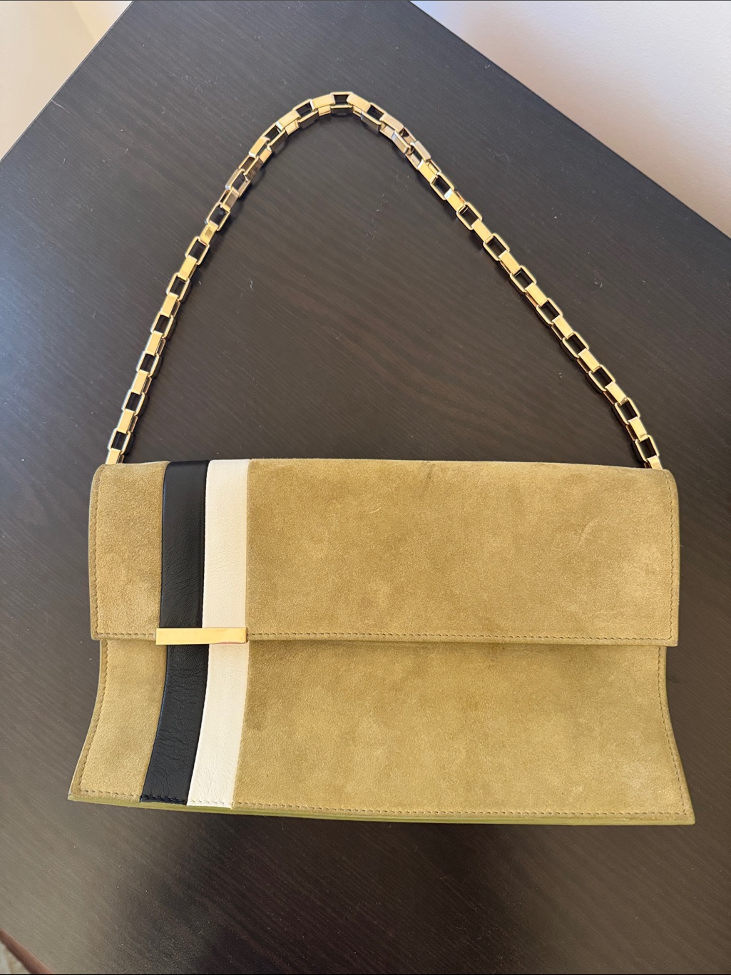 Suede Shoulder Bag In Tan With Black And Cream Stripes